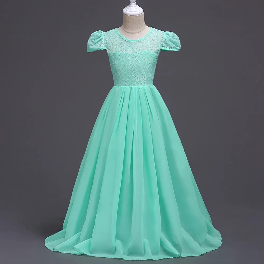 Girl Lace Chiffon Short Sleeve Princess Dress 2018 Summer Girls Long Party kids Bridesmaid Wedding Age 6-15 Years old | Детская одежда