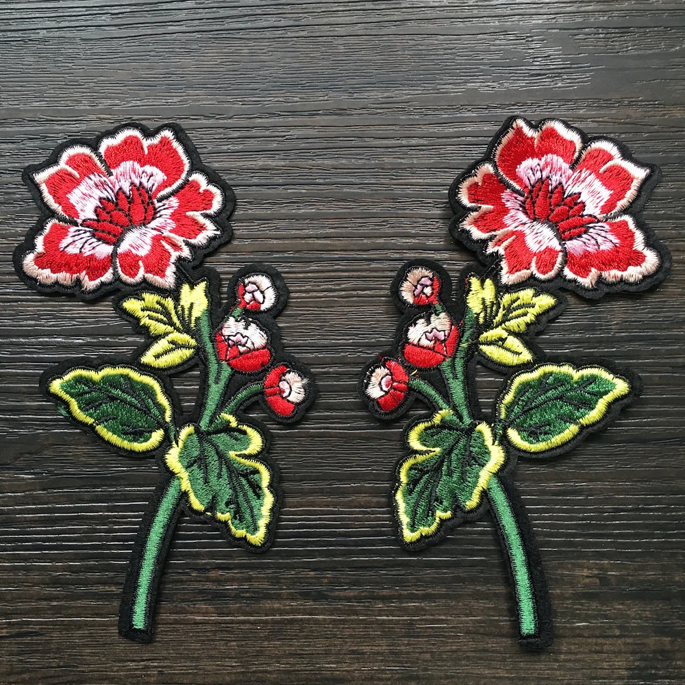 1Pair Red Flowers Embroidered Applique Patches Iron on for Clothes DIY Party Christmas Decoration Patch Sticker LSHB500 | Дом и сад