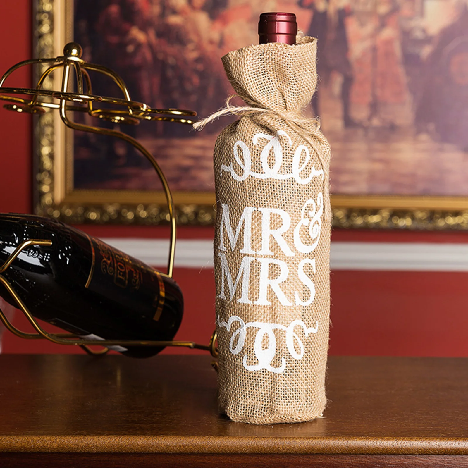 

European Jute Burlap Mr & Mrs Wine Bottle Bag Champagne Holder Pouch Cover For Valentine's Day Wedding Anniversary Party Supply
