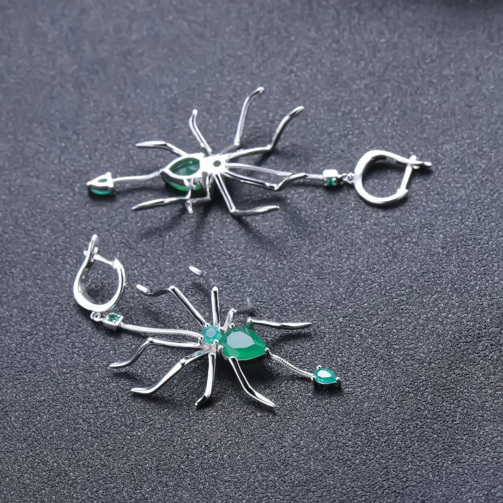 Женские Балетные сережки GEM'S из натурального зеленого агата и паука серебра 925