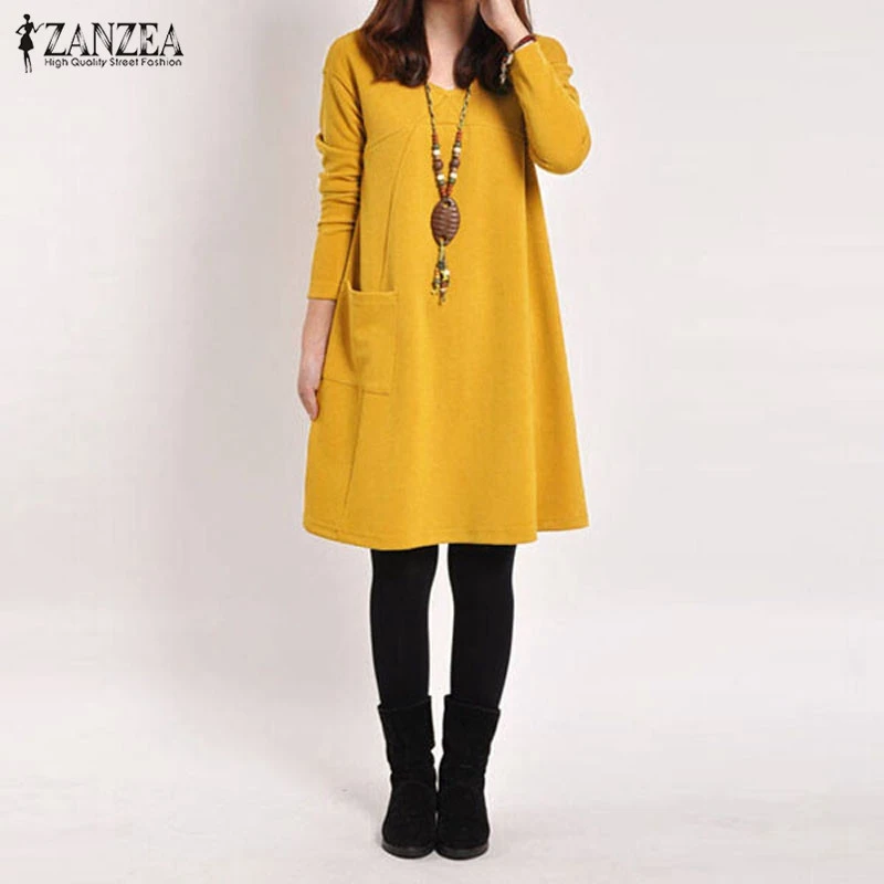 

5 Color Vestidos 2023 Autumn Women Long Sleeve Pockets Dress Ladies Casual Loose Solid V Neck Dresses Hot Sale