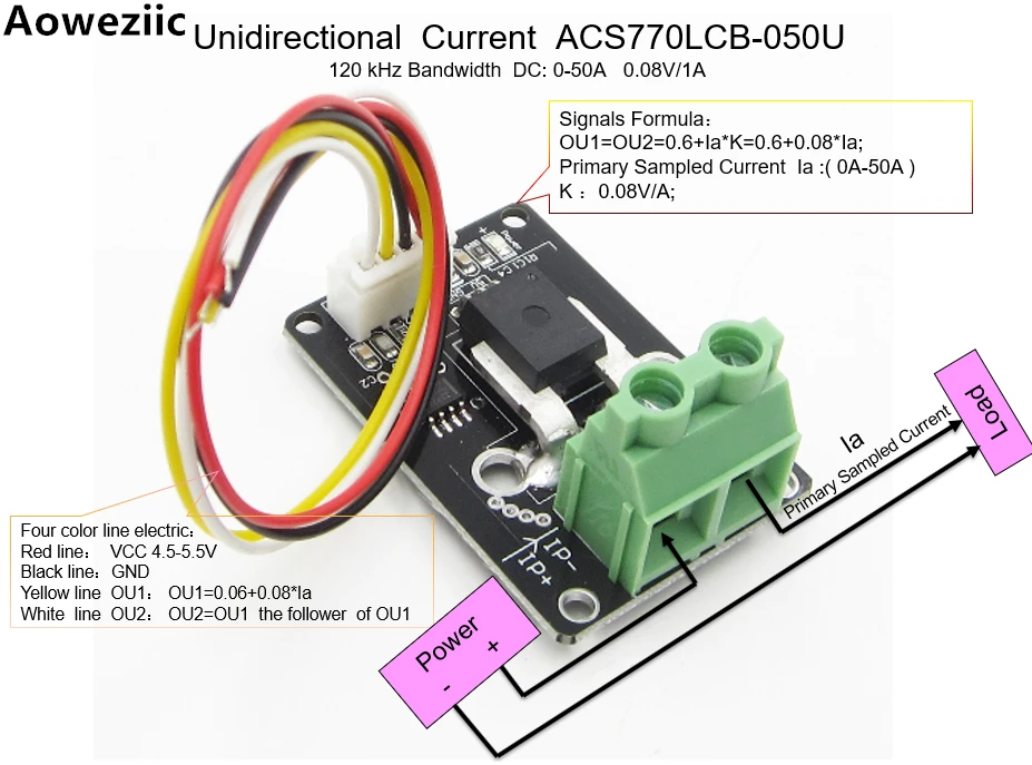 

Aoweziic Unidirectional DC Current Sensor module ACS770LCB-050U ACS770LCB-050 ACS770 120 kHz Bandwidth DC: 0-50A 0.08V/1A