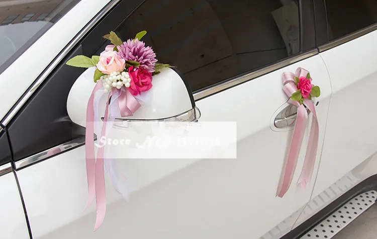 

Silk rose+ribbon bowknot flower car wedding decoration Rearview mirror doorknob decorate wedding anniversary