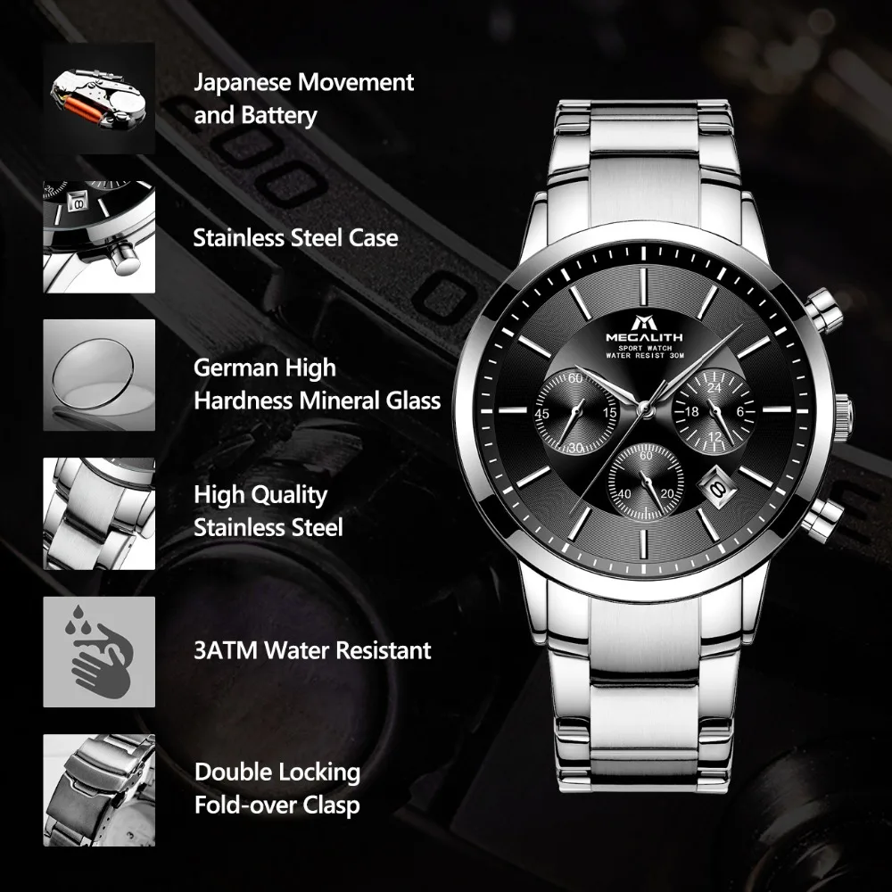 Бренд MEGALITH Роскошные мужские часы водонепроницаемые аналоговые с хронографом