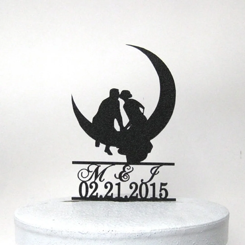 Personalized Wedding Cake Topper Kissing on the Moon cake topper with your initials and wedding date Custom Acrylic cake topper