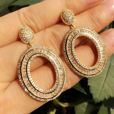 Gold plated Винтажные полые большие золотые серьги с геометрическим орнаментом для женщин, сверкающие, полностью покрытые цирконием ААА, серьги-капли, ювелирные изделия для невесты - Окраска металла: Gold plated