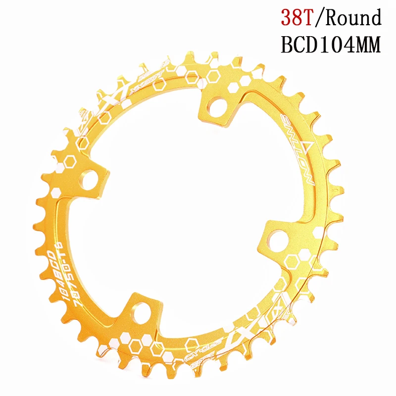 Велосипедный Кривошип 104BCD круглой формы, узкий широкий 32 T/34 T/36 T/38 T MTB, велосипедная цепь, велосипедная цепь, круг, шатун, одна пластина - Цвет: gold round 38T