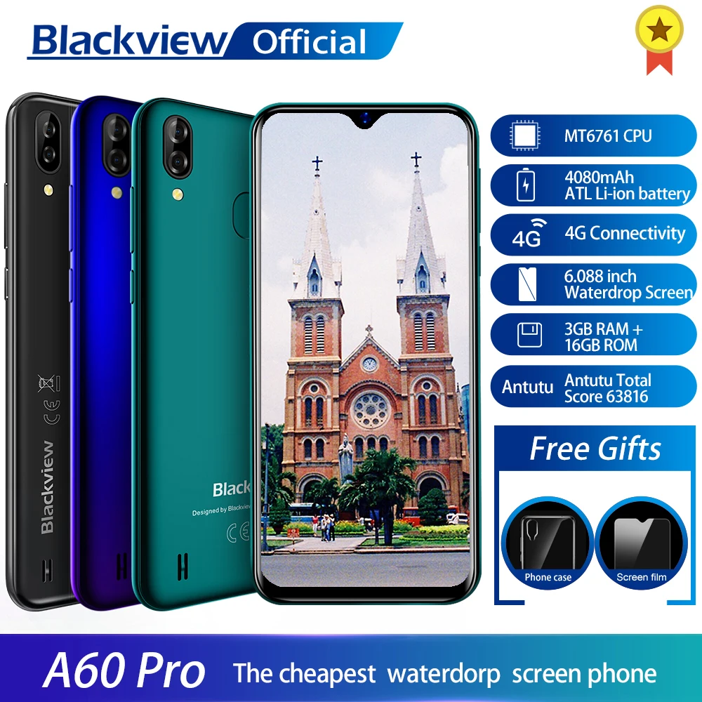 Мобильный телефон Blackview A60 Pro MTK6761 Android 9,0 Pie 4080mAh 3GB+ 16GB смартфон с двойной камерой 4G