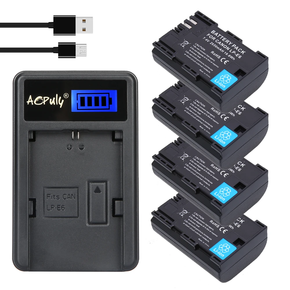 

AOPULY 4pc 2650mAh LP-E6 LPE6 LP E6 Camera Batteries Battery + Charger For Canon EOS 5DS R 5D Mark II III 6D 7D 60D 60Da 70D 80D