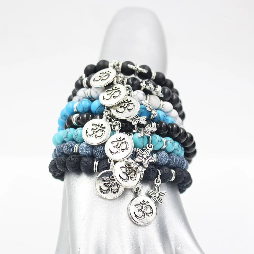 

Wholesale 8mm Natural Energy Stone Beads Bracelet Yoga OHM 3D Charm Healing Bracelet Men's Wrap Bracelets Handmade DIY Jewelry