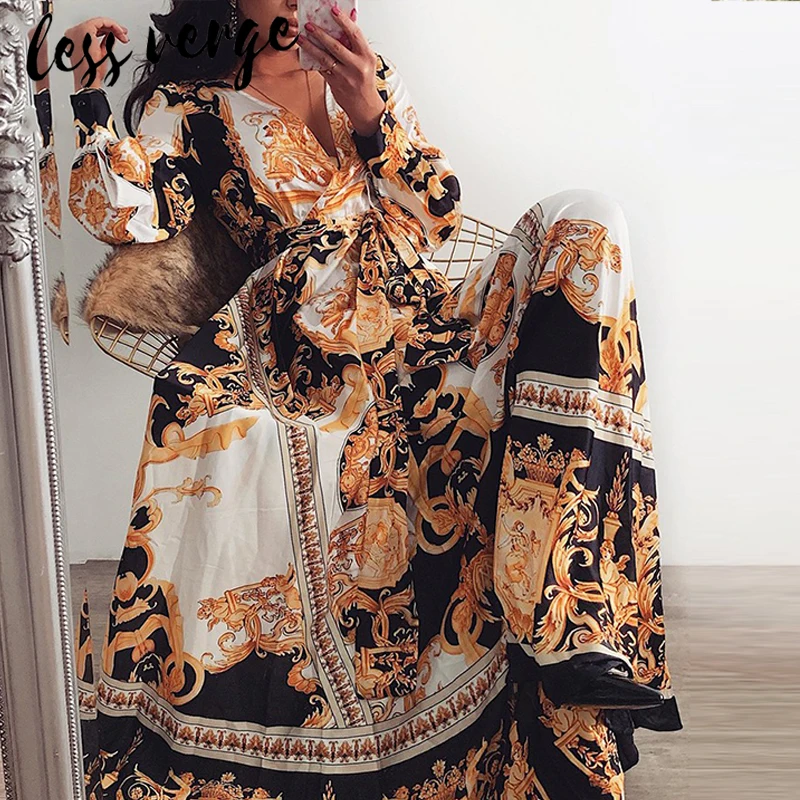 Женское винтажное вечернее платье Lessverge Длинное свободное с v образным вырезом и