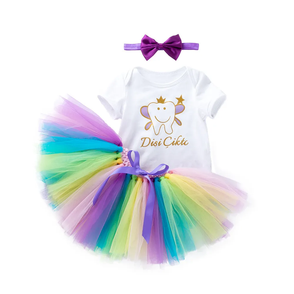 Комбинезон с буквенным принтом для маленьких девочек + Радужное платье-пачка