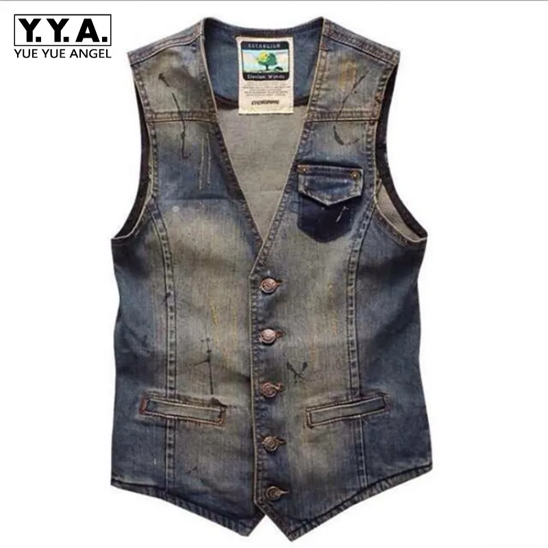 

Plus Size 4XL Denim Causal Vest Slim Fit Sleeveless Jeans Jacke V Neck Vantage Vests Waistcoats Motorcycle Single Breasted Coats