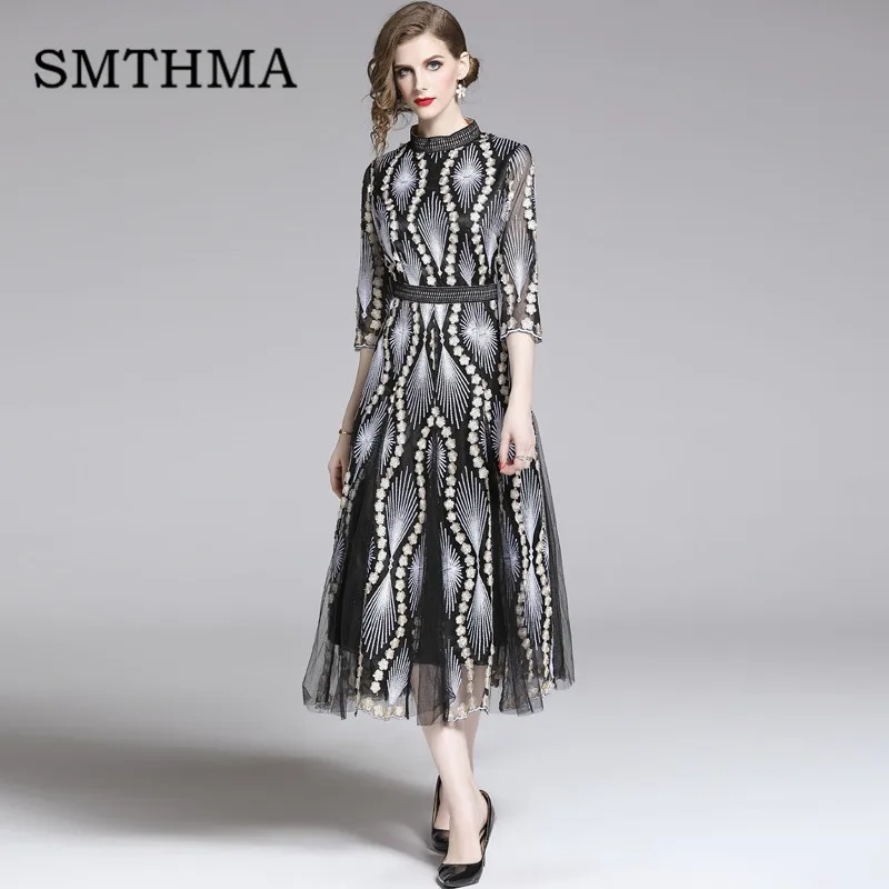 Photo Color SMTHMA женское модное подиумное Макси длинное платье летнее дизайнерское вечернее платье с цветочной вышивкой Vestidos - Цвет: Photo Color