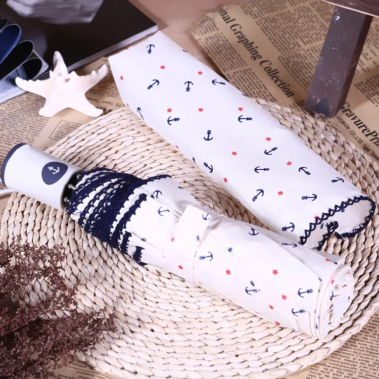 Якорь узор корейский лаконичный прочный umbrellav-защита три складные мини компактный портативный синий белый солнце и дождь Unbrella