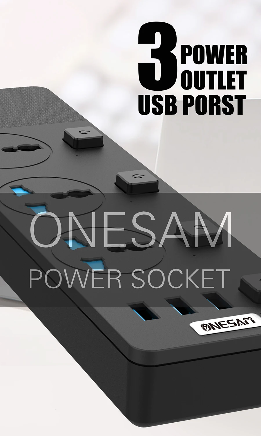 ONESAM Мульти USB разъем силовая полоса 2 м удлинитель питания 3000 Вт 16А высокой мощности 3 розетки 3 usb порта США ЕС Великобритания универсальная штепсельная розетка