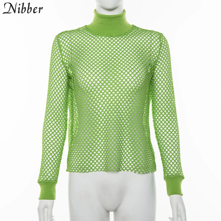 Nibber, весна-осень, сетчатые топы с полым длинным рукавом, женские футболки,, модные, дикие, уличные, повседневные, свободные, вязаные футболки, mujer