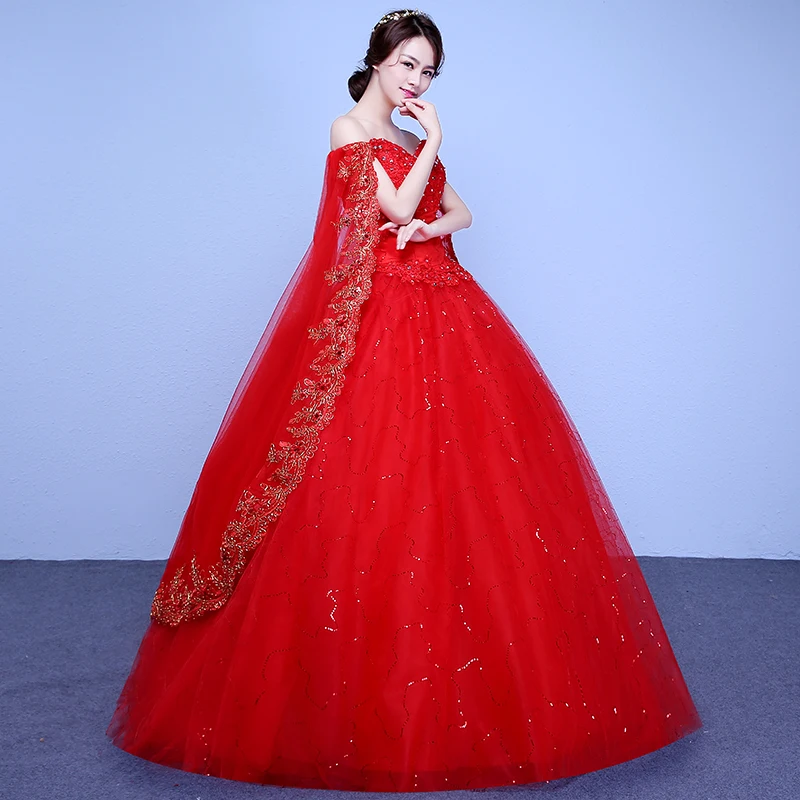 Red White Train VintageWedding Dress 2020 Vestidos De Novia Elegant Boat Neck Lace Gown Appliques Flower Veil Simple Princess | Свадьбы и