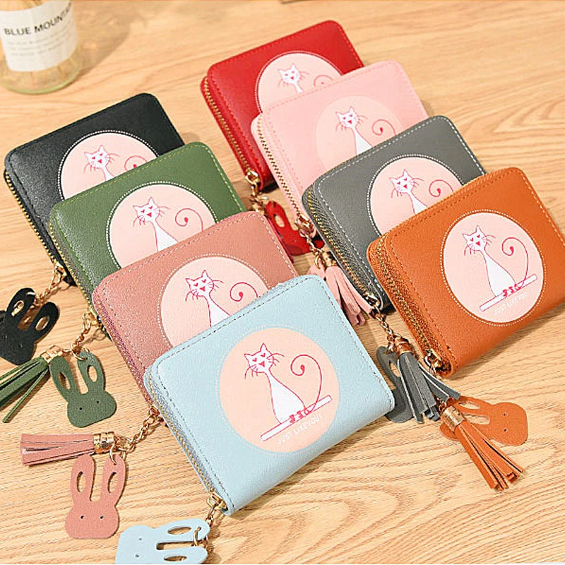 Женский кошелек с котом, короткая сумка на молнии для монет, милая модная маленькая Корейская версия студенческой сумки с магнитной пряжкой