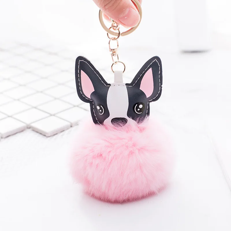 

QiYuFang Fluffy Rabbit Fur Ball French Bulldog Keychain Animal Dog Keyring Pu Leather Holder Bag Charm Trinket Pompom Key Chain