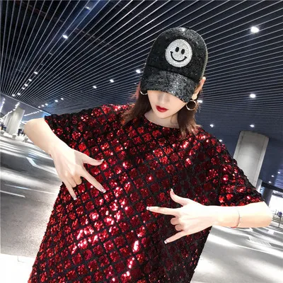 red Cakucool, новое платье с коротким рукавом, круглый вырез, блестящее, расшитое блестками, клетчатое, шикарное, свободное, тонкое платье, Mujer Vadim, черное - Цвет: red