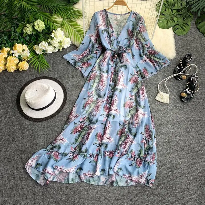 Праздничное шикарное шифоновое платье с цветочным рисунком женское синее