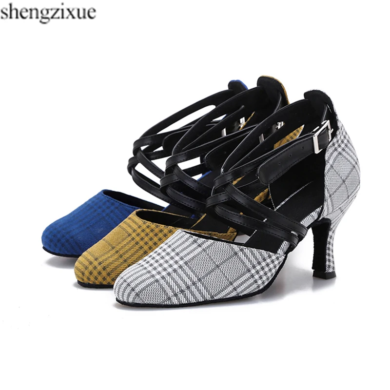 shengzixue NEW Blue/Gray/Brown Checkered Cloth Material Dance Sneakers Shoes Ballroom/Latin Women's 6CM/7.5CM/8CM Heel | Спорт и