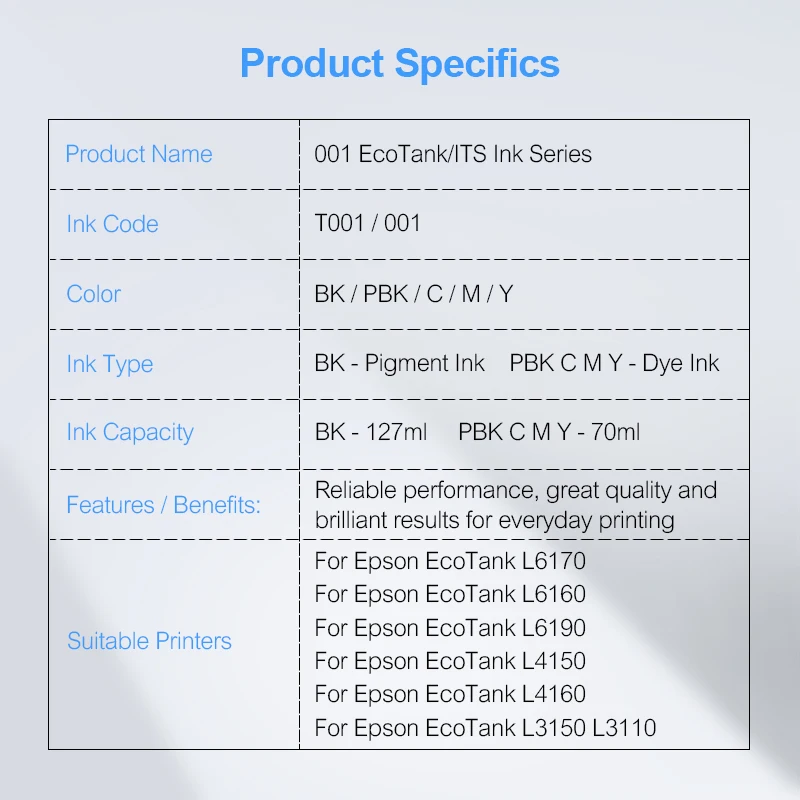 001 чернильные бутылки EcoTank T001 чернила для заправки красителя Epson L6170 L6160 L6190 L4150 L4160