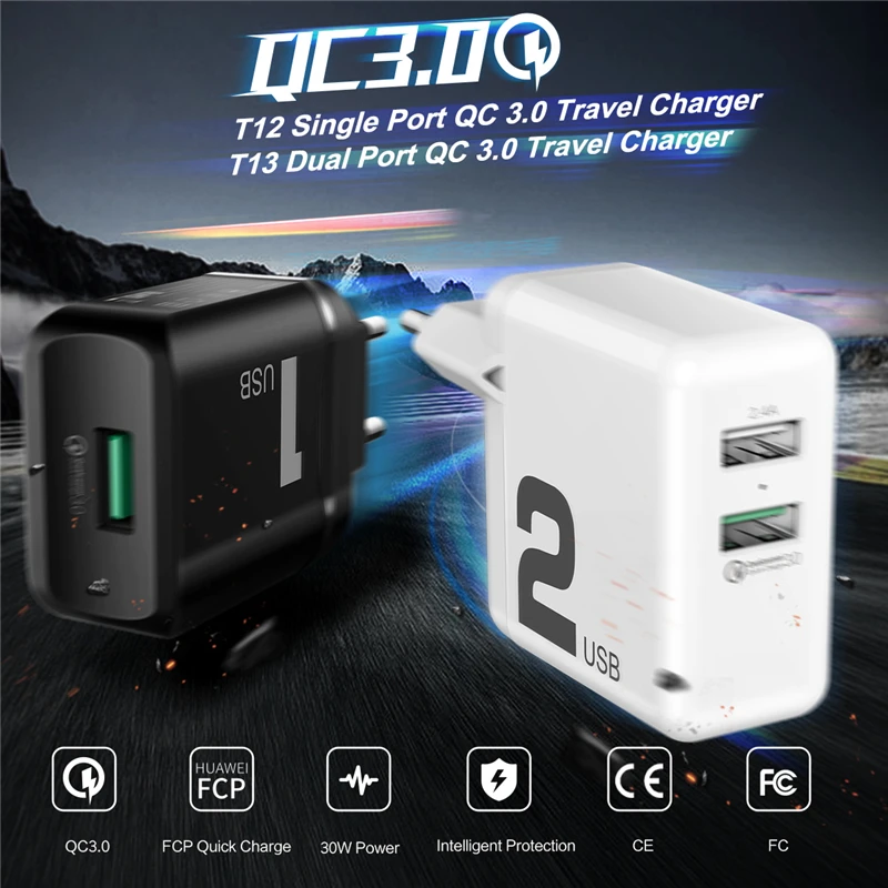 Быстрое зарядное устройство для мобильного телефона ROCK Quick Charge 3.0 30W QC3.0 FCP Fast EU Plug Wall USB для Xiaomi iPhone Samsung Huawei Smart Travel.
