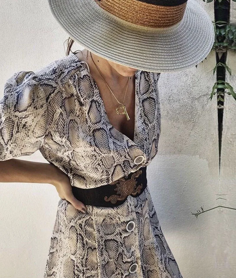 Snakeskin Printed High Street A-line Dress Women Autumn V-neck Half Sleeve Button Casual Elegant Mini Vacation | Женская одежда