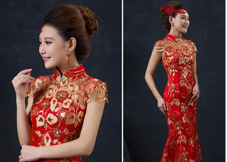 Винтаж красный китайский свадебное платье женский длинный короткий рукав Cheongsam