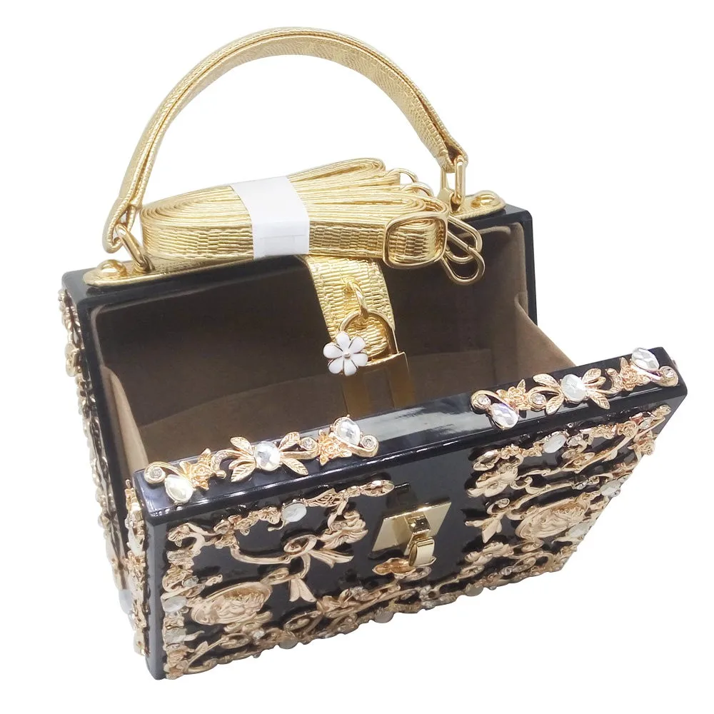 Boutique De FGG модная женская черная акриловая сумка через плечо с цветком из кристаллов, сумка через плечо, вечерняя сумка-клатч