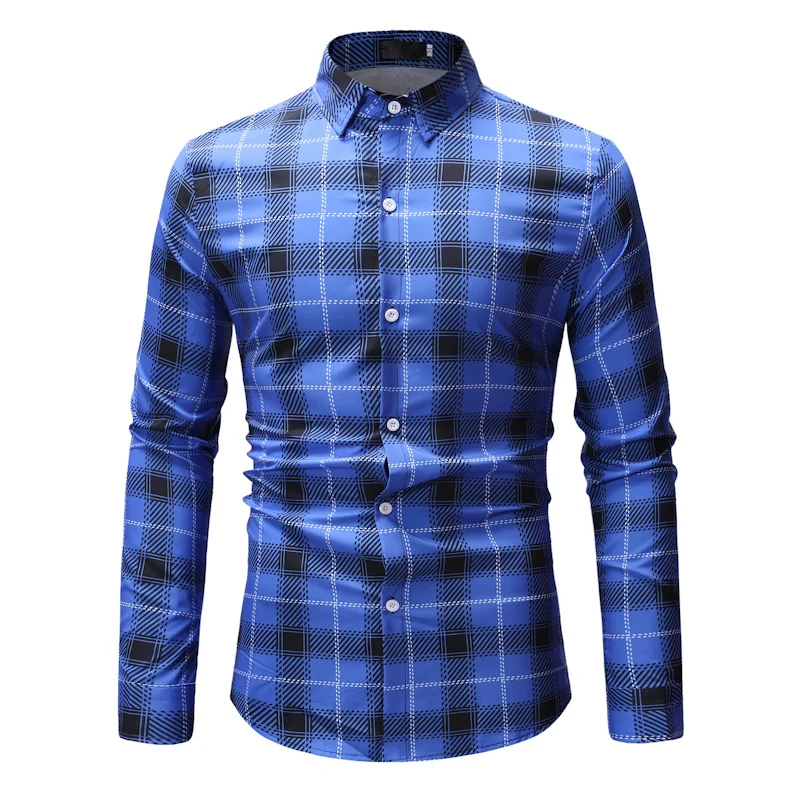 Новая коллекция модных осенних свитеров Для мужчин одежда Slim Fit Для мужчин рубашка с длинными рукавами Для мужчин клетчатая хлопковая Повседневное Для мужчин рубашка социальных размера плюс 3XL - Цвет: Blue