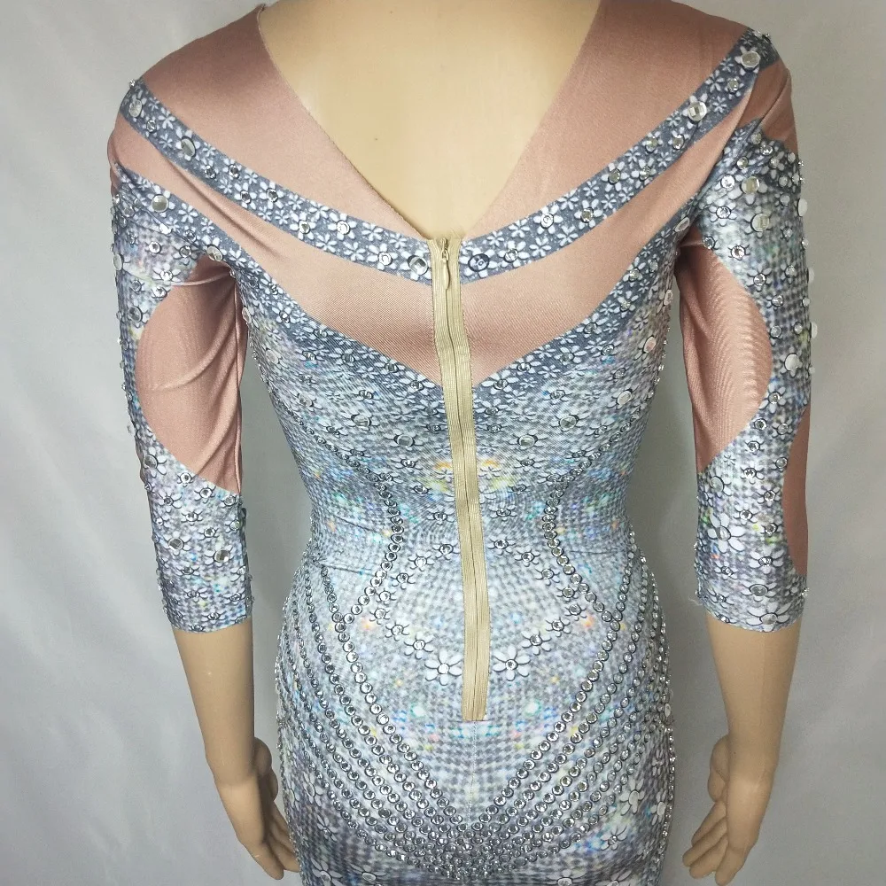 Big Stretch Silver Rhinestones Tight Long Dress Women Singer Host Evening Wear Birthday Party Models Catwalk Dress Stage Costume