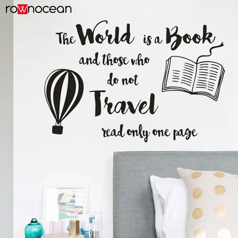 Book Reading Wall Sticker World Is Quote Decals Library Decor Hot Air Balloon Design Vinyl Mural 3358 | Дом и сад