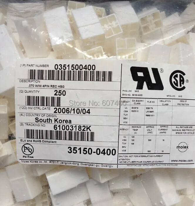 0351500400 CONN HSG PLUG 4POS 6 20 мм NAT 35150 0400 молекс Соединители Клеммы корпуса 100% новые и