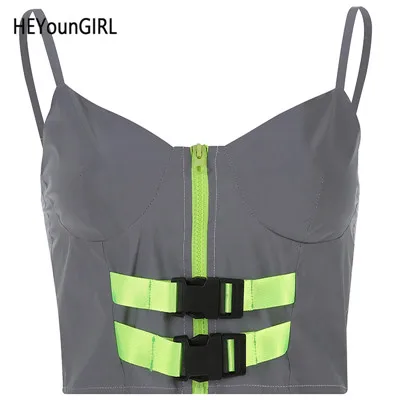 Reflective Top HEYounGIRL Светоотражающие юбки Харадзюку женские Лоскутные неоновые зеленые полоски Высокая талия юбка Корейская короткая юбка женская летняя - Цвет: Reflective Top