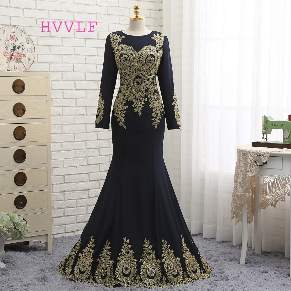 

New Muslim Evening Dresses Mermaid Long Sleeves Chiffon Appliques Lace Elegant Long Evening Gown Prom Dress Prom Gown