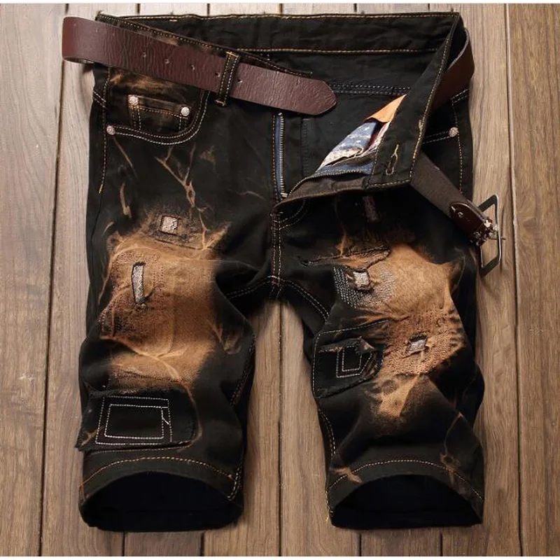 Шорты мужские джинсовые в стиле пэчворк хлопок прямые до колен модные штаны