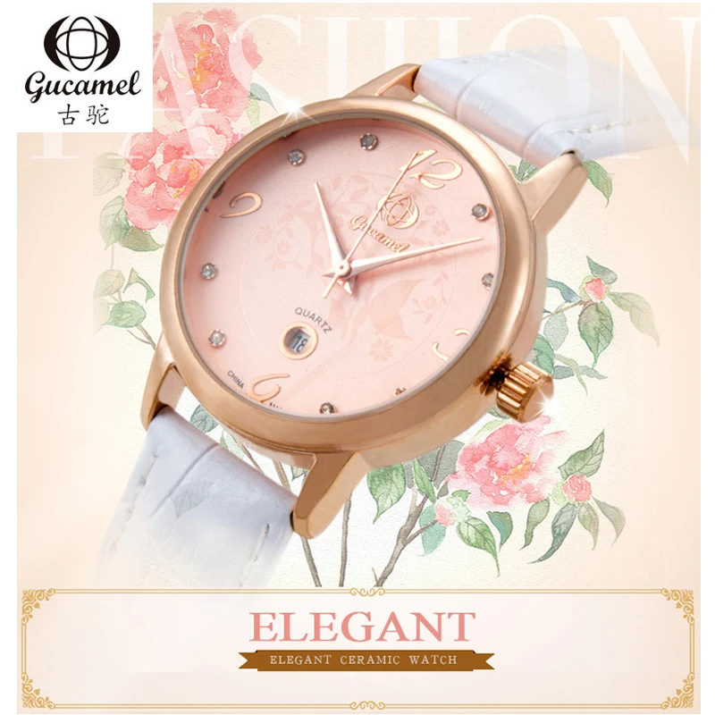 Gucamel Для женщин простой Часы дамы алмаз круглый кожаный браслет наручные часы