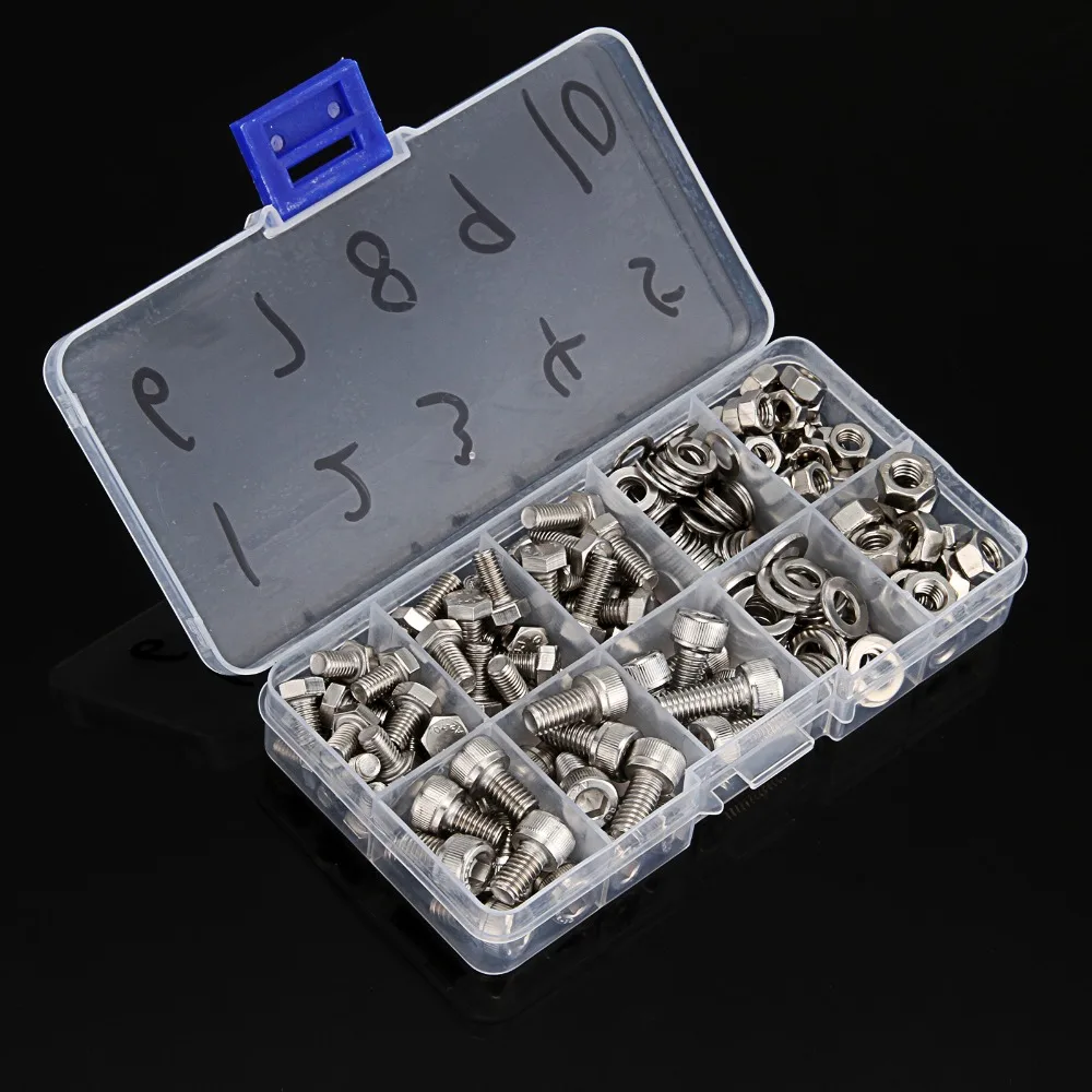 

170pcs/set M5/M6 304 Stainless Steel Bolt Socket Cap Screws+Hexagon+Washers+Hex Nuts & Box