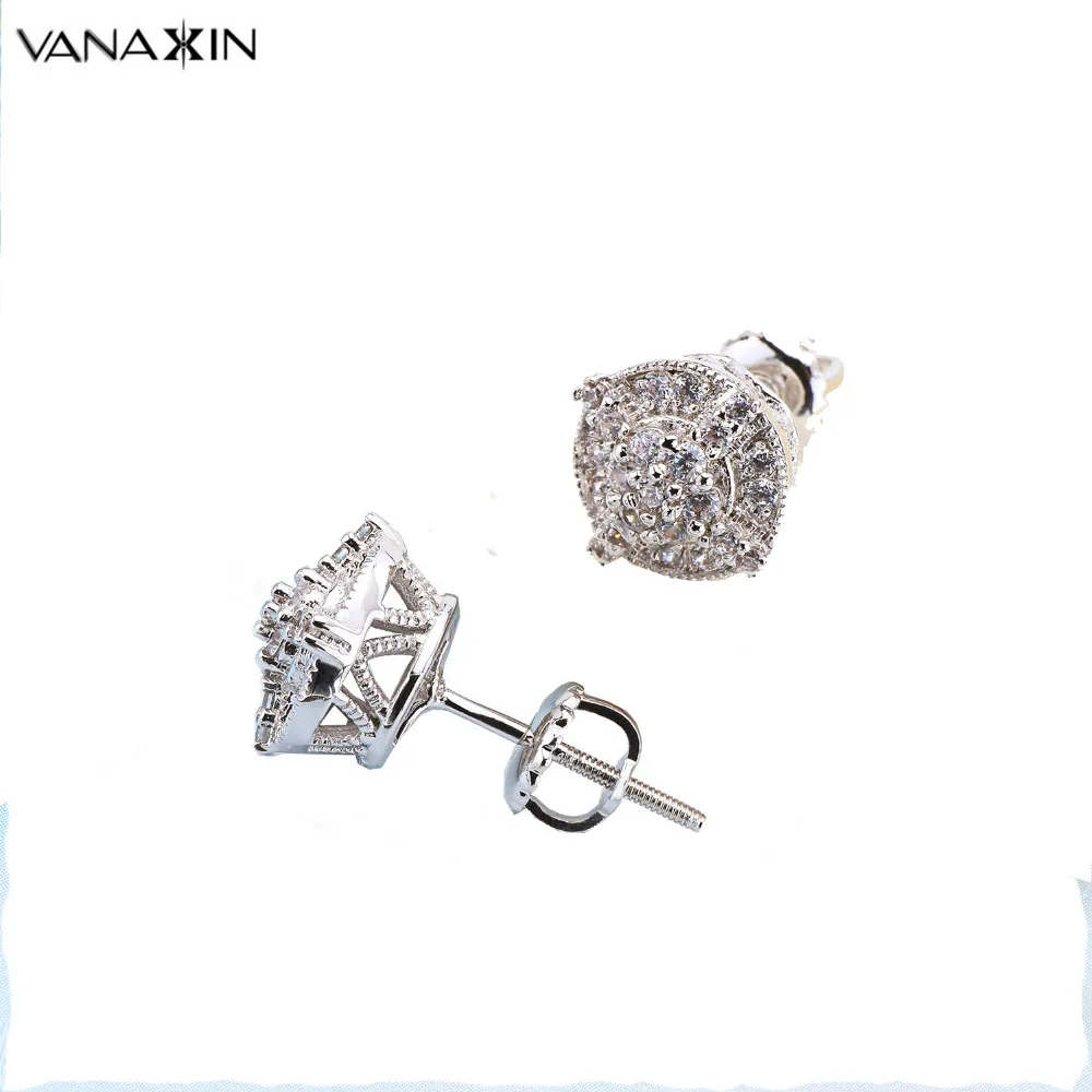 

VANAXIN Earring for Women Round Cut Cross 3D Hip Hop Rhodium Plated AAA Cubic Zircon Stud Earring Gold/Silver Color Cute Jewelry