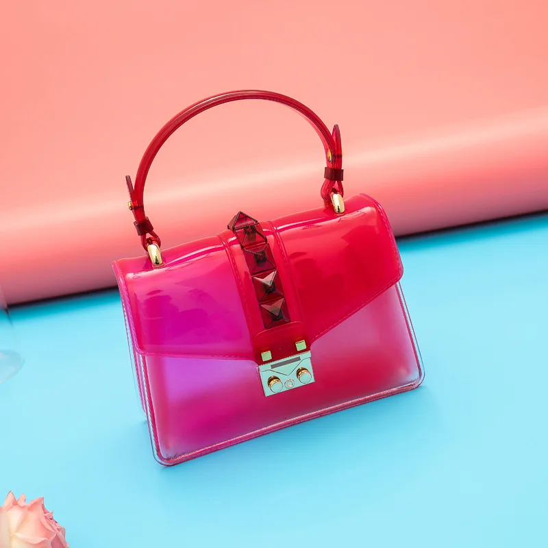 Transparent Satchel Handbag Gradients Color Clear Jelly Transparent PVC Rivets Candy Color Tote Bags Crossbody Messenger Bag - Цвет: RD