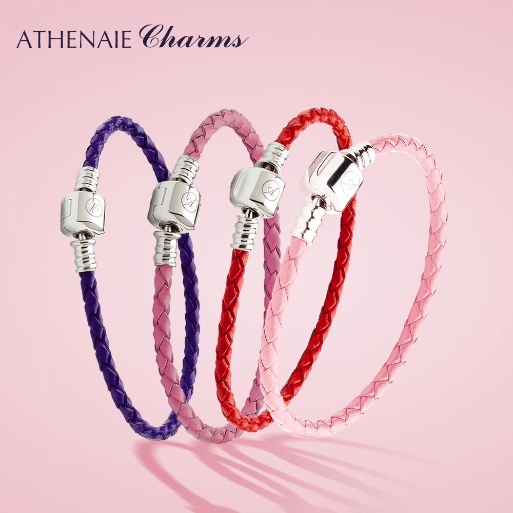 ATHENAIE, 925 пробы, серебряный, красный, один плетеный кожаный браслет, застежка-защелка, подходит для всех европейских женщин, очаровательные бусины
