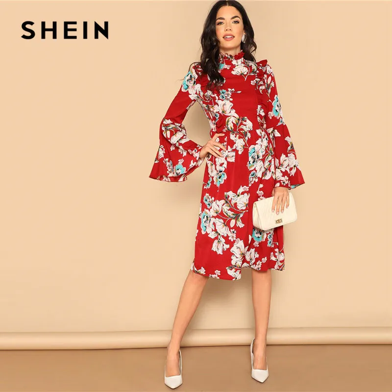 SHEIN Платье С Цветочным Принтом И Оригинальным Рукавом Женские Элегантные Платья С Цветочным Принтом С Высокой Талией Для Отдыха
