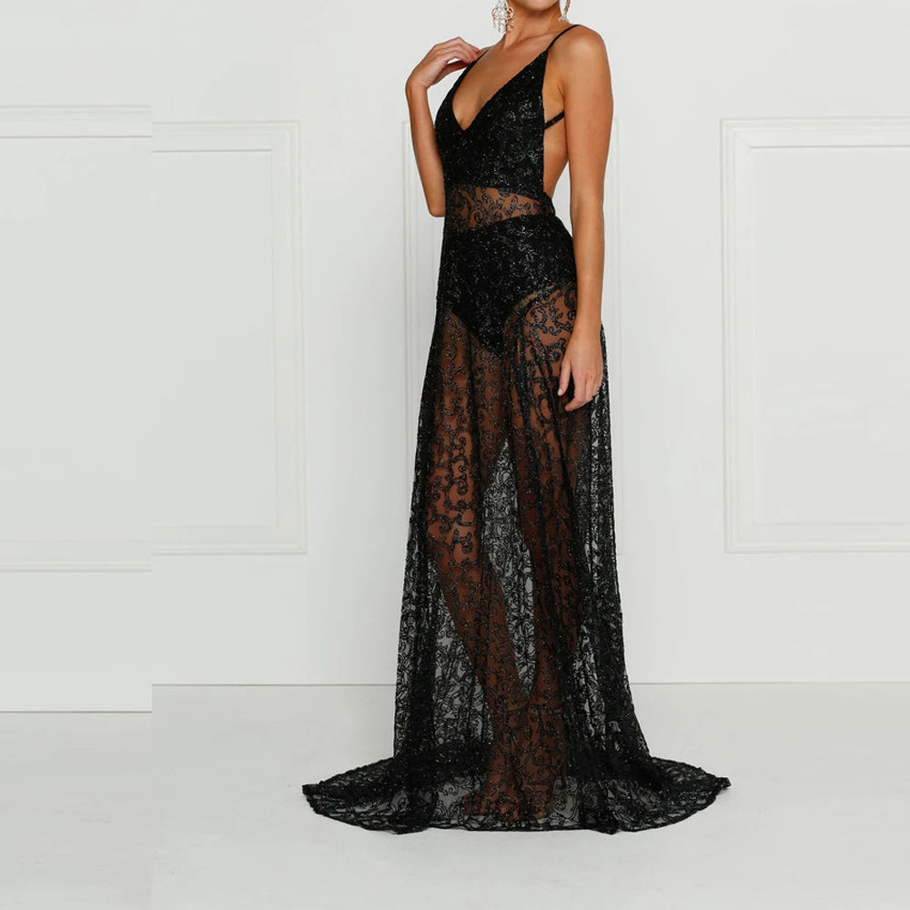 Лето Европейский Стиль Dress Женская Sexy Кружева Вышивка Макси Сплошной Черный