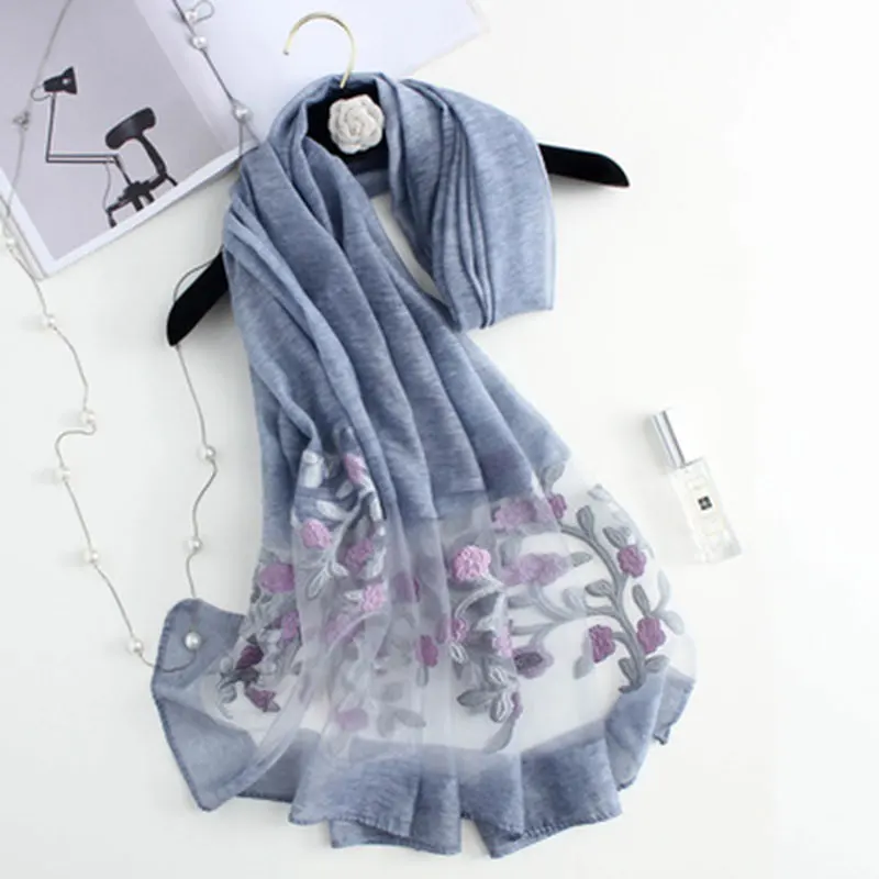 summer organza imitation silk scarves women fashion shawl versatile soft Lady Flower embroidery 200 cm *70 | Аксессуары для одежды