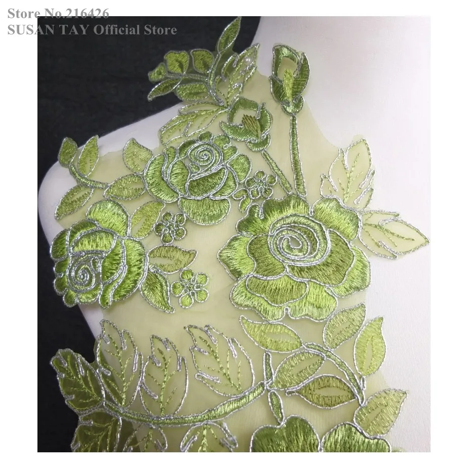 Новинка оливково-зеленая/Серебристая Цветочная вышивка Кружевная аппликация