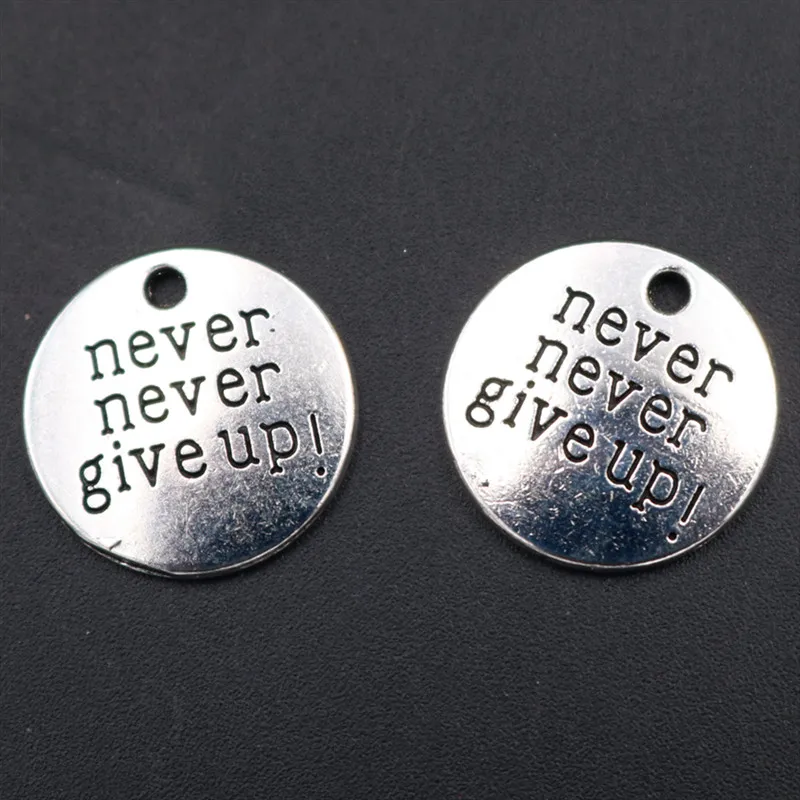 

WKOUD 8pcs Silver Color Never Give Up Charm Metal Key Chain Bracelet DIY Manual Jewelry Round Alloy Pendants A1644