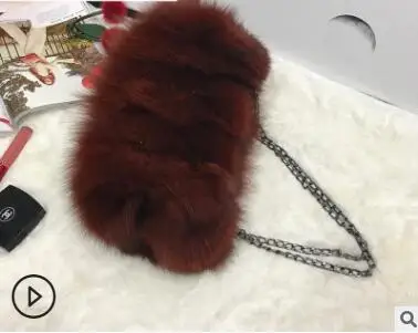 Женская маленькая сумка с клапаном из натурального Лисьего меха, мини-сумка-мессенджер с цепочкой, сумка через плечо, милая меховая сумка с лисьим мехом - Цвет: dark brown